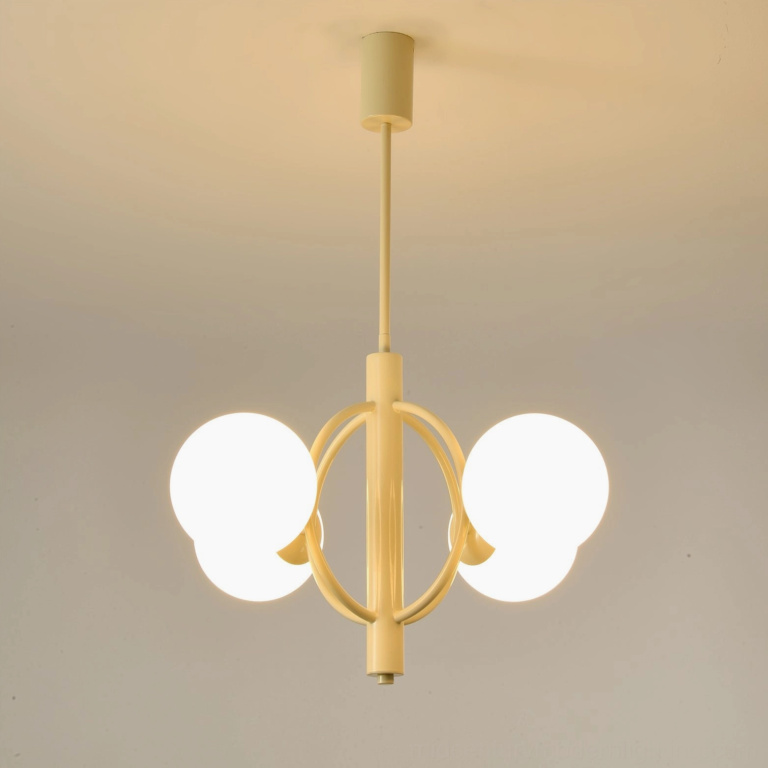Kaiser modern pendant chandelier with multiple frosted glass globes and metal framework