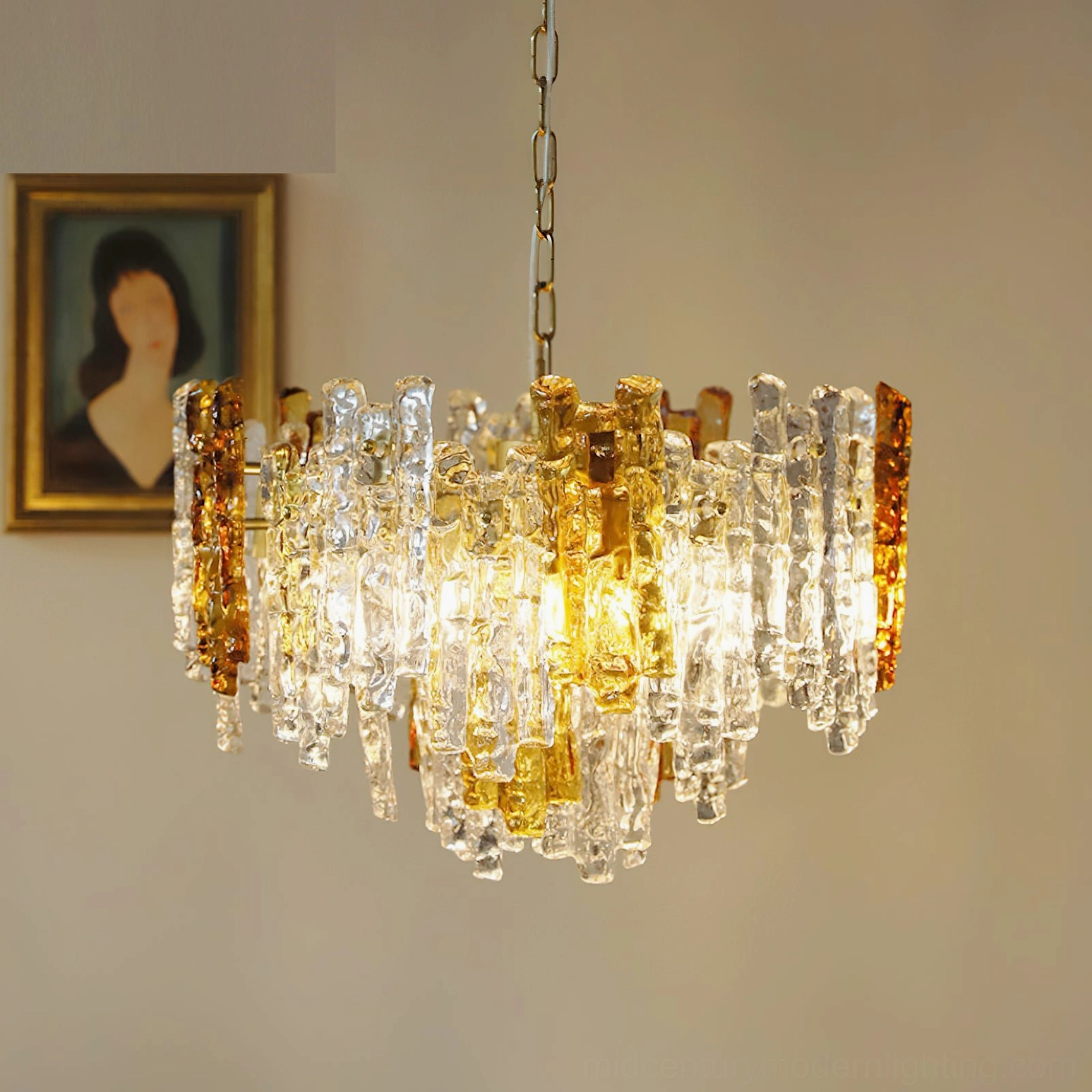 Kalmar pendant chandelier artistic composition highlighting hand-crafted glass layers and sculptural form