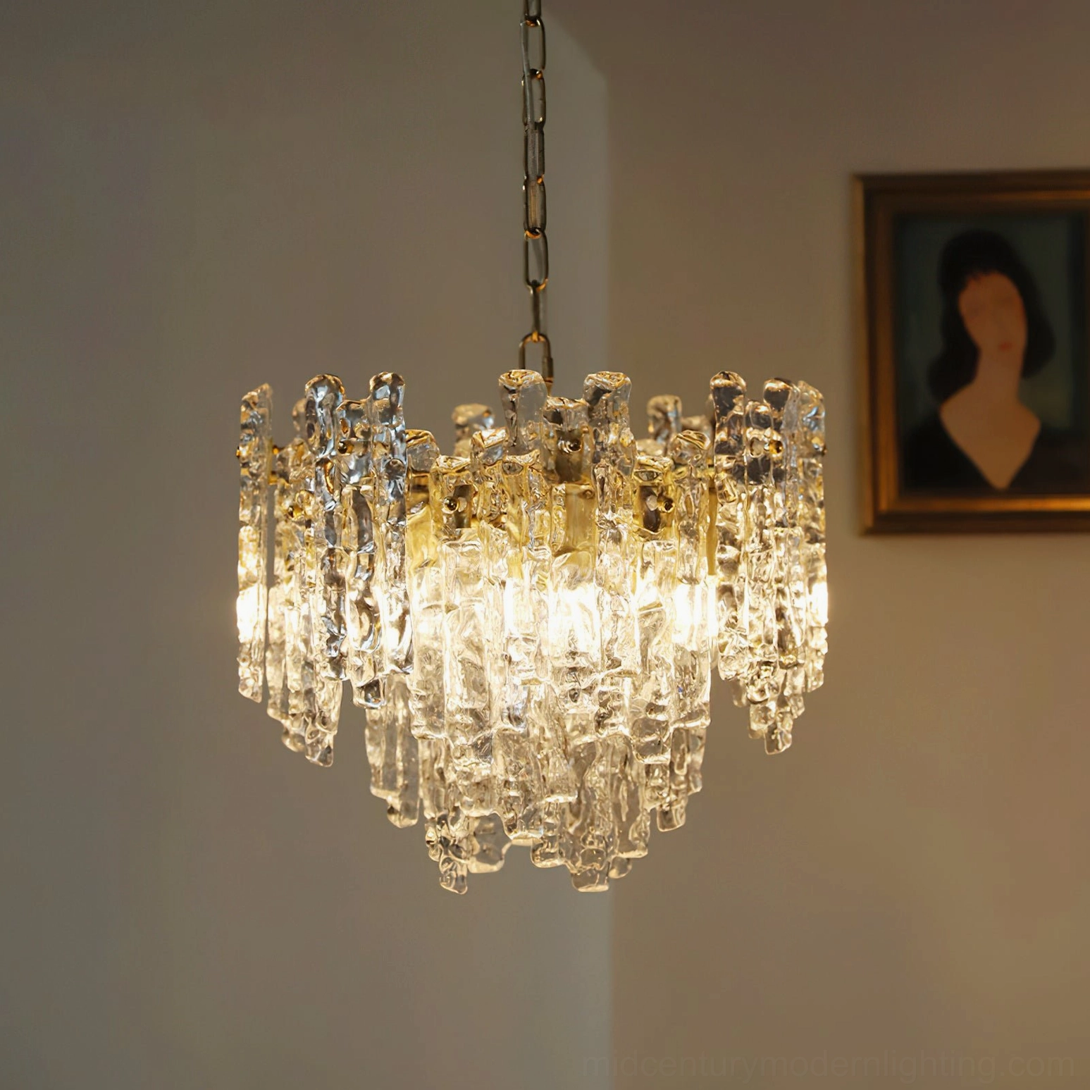 Kalmar mid-century modern pendant light full product view showing complete layered glass and brass frame construction