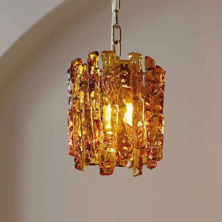 Kalmar petite pendant light amber and gold textured glass variant 7.9 inches showing warm vintage luxury aesthetic