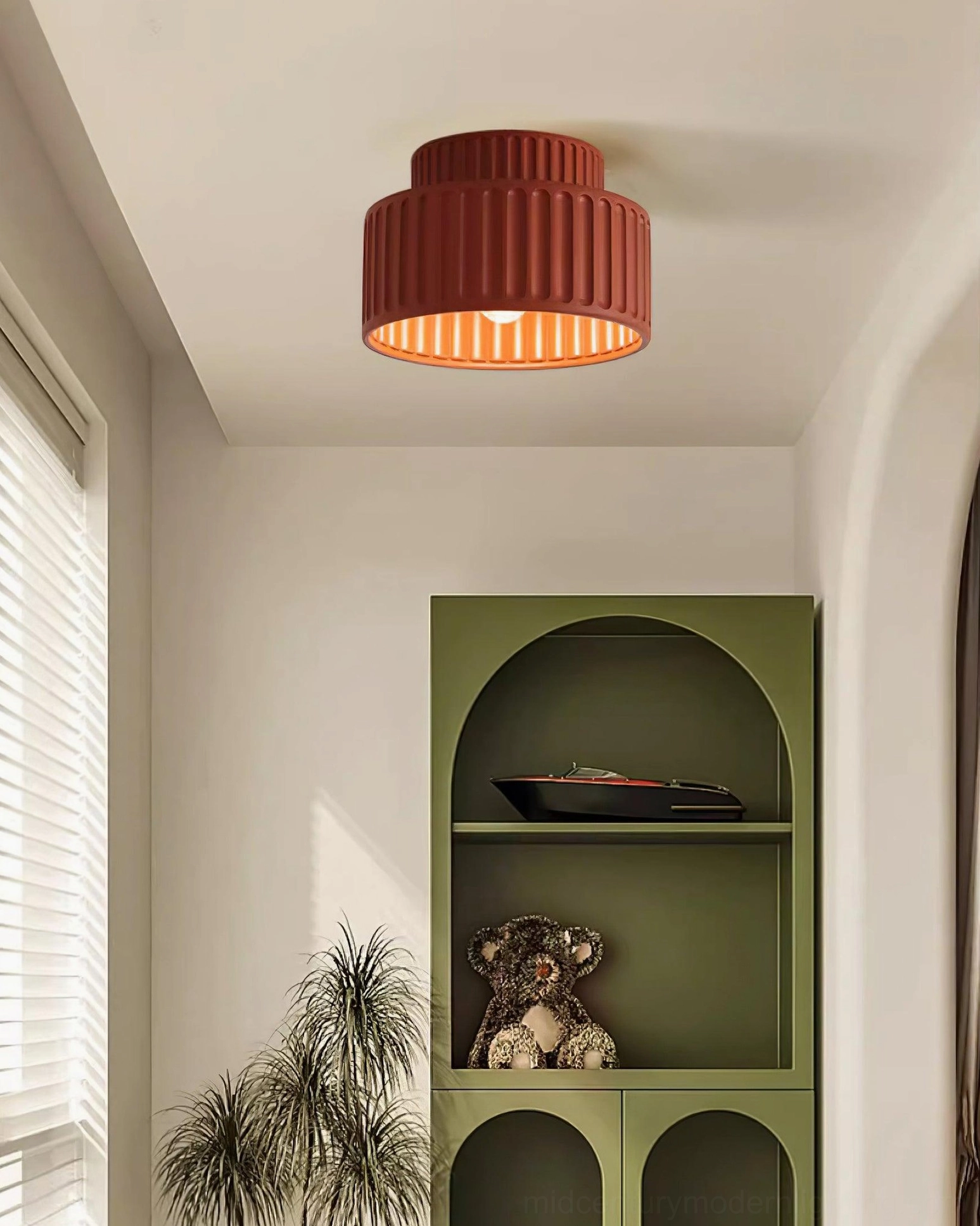 Three Kami ceiling lamps in different finishes displaying color variety: white, beige, and green options