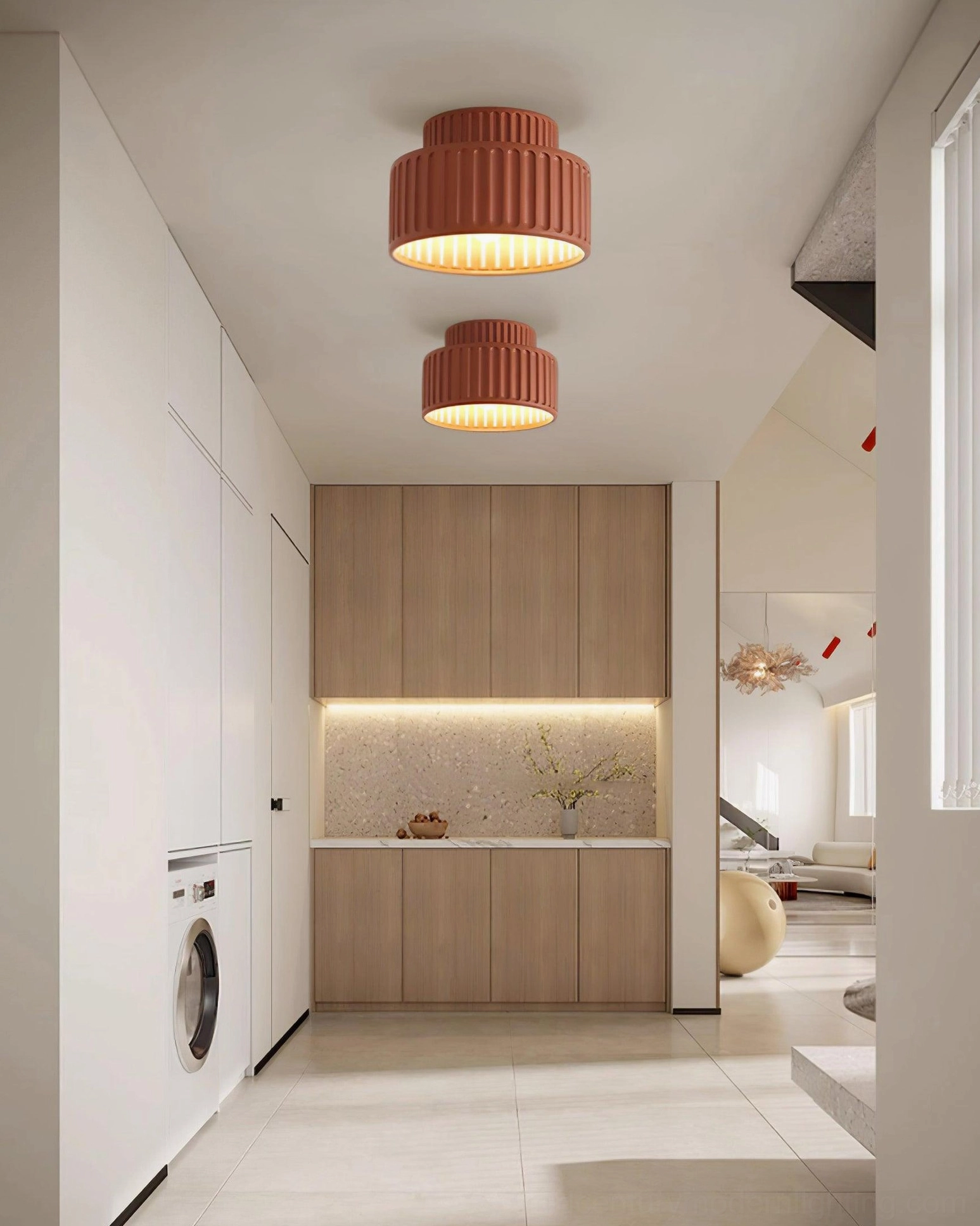Kami ribbed ceiling lamp in mid-century modern living space with walnut furniture and vintage accessories