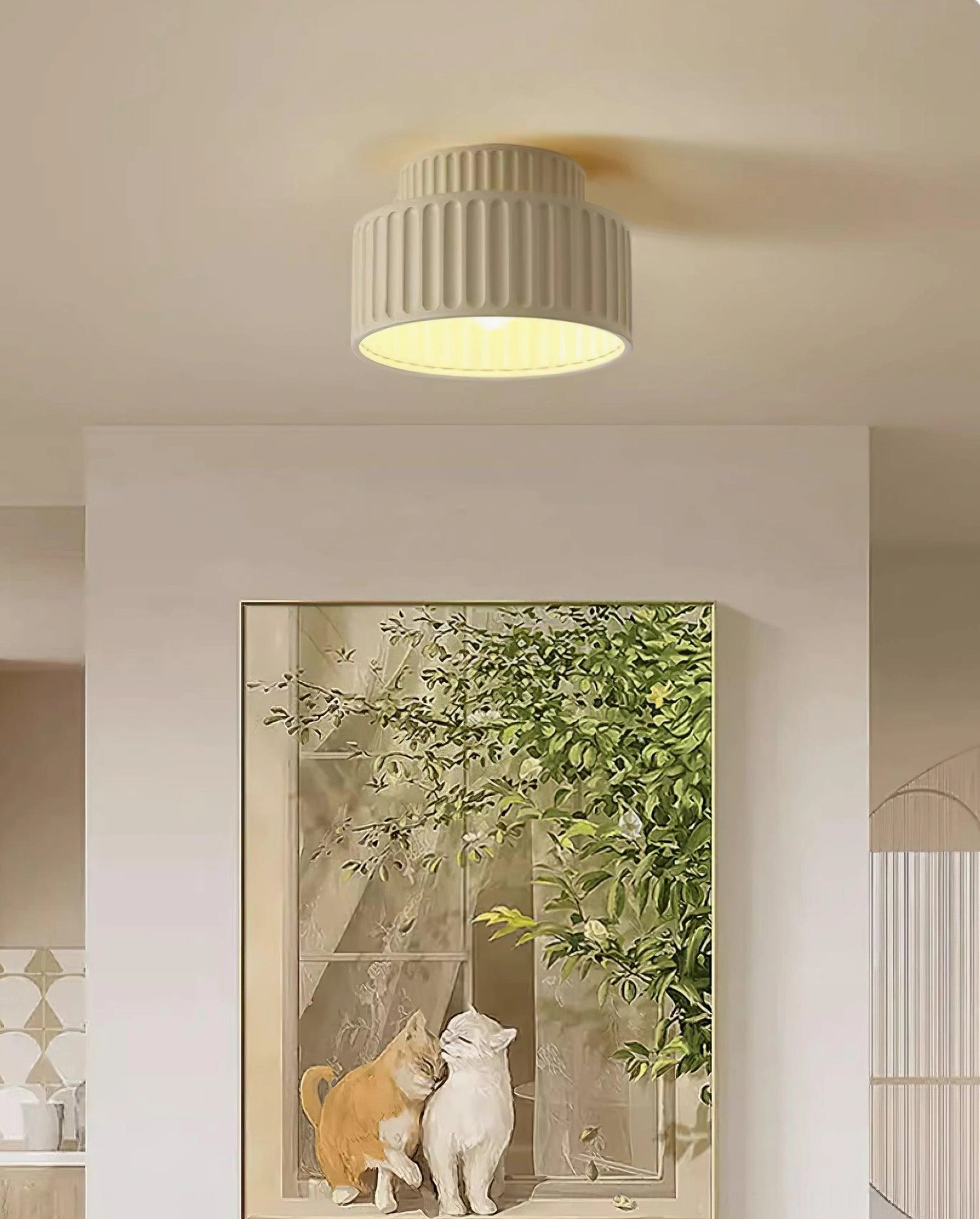 Red Kami ceiling lamp flush mount fixture showing matte finish and two-tier ribbed profile