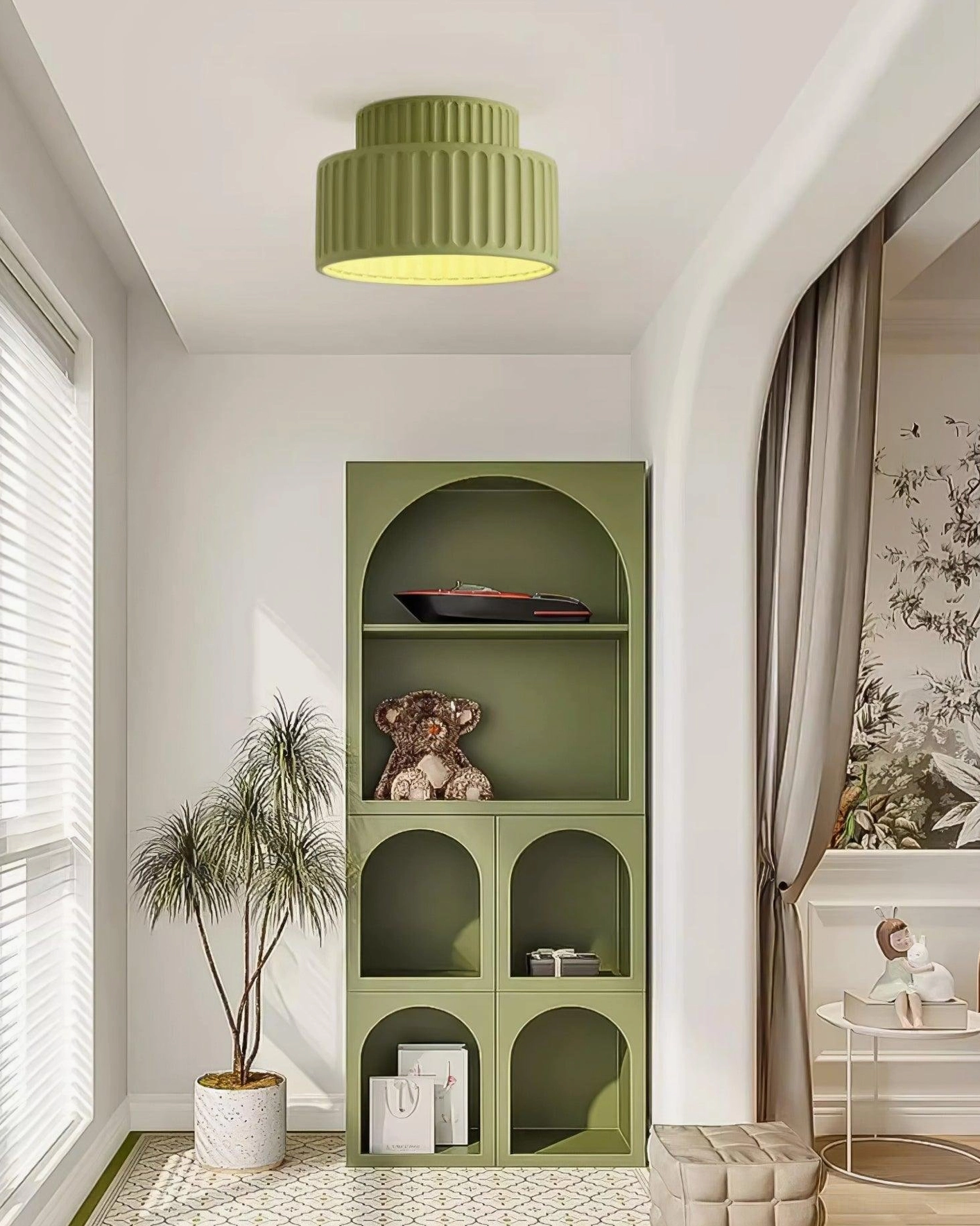 Kami flush mount ceiling light in Scandinavian minimalist interior with natural wood and neutral palette