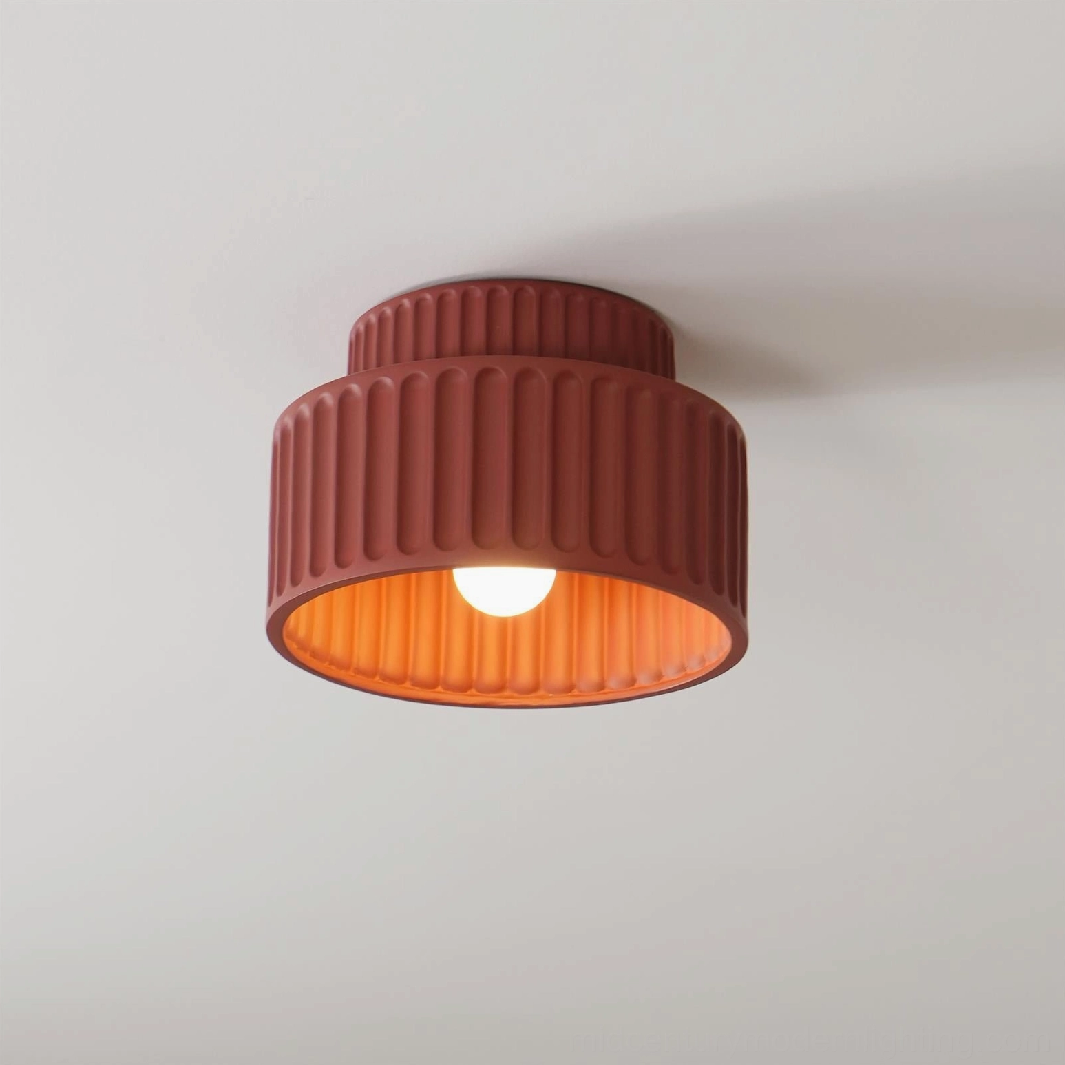Kami ceiling lamp architectural detail photograph emphasizing two-tier ribbed sculptural form