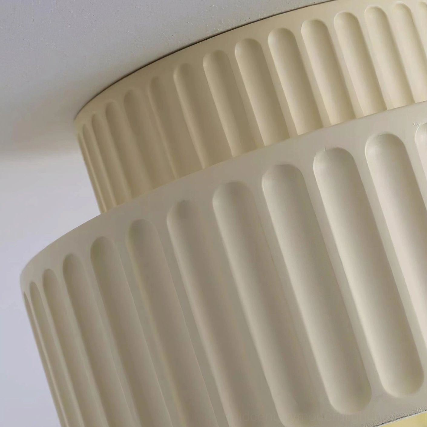 Kami ceiling lamp warm LED bulb glow creating soft ambient lighting in contemporary bedroom