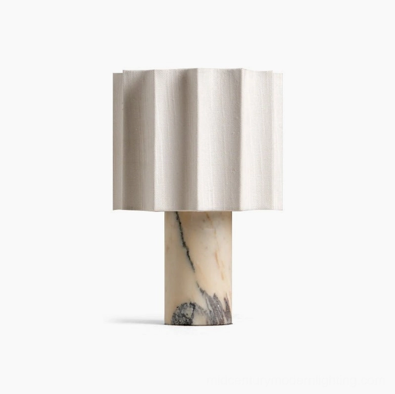 Kane rechargeable table lamp with Calacatta Viola marble base and cream fabric shade, complete cordless portable design