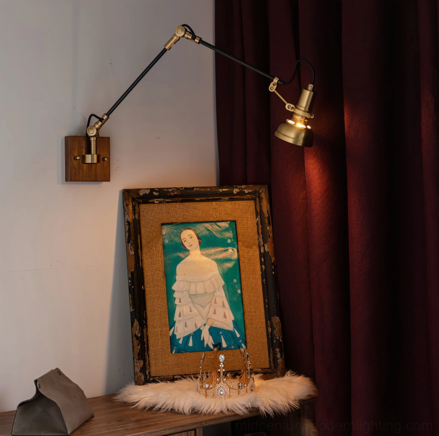 Kane Swing Arm Wall Lamp Model B with integrated toggle switch on walnut backplate