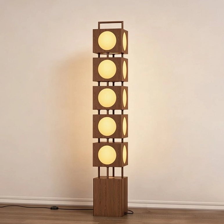 Kano Totem Floor Lamp 5-lights configuration, full height sculptural floor lighting, mid-century modern statement piece, walnut finish