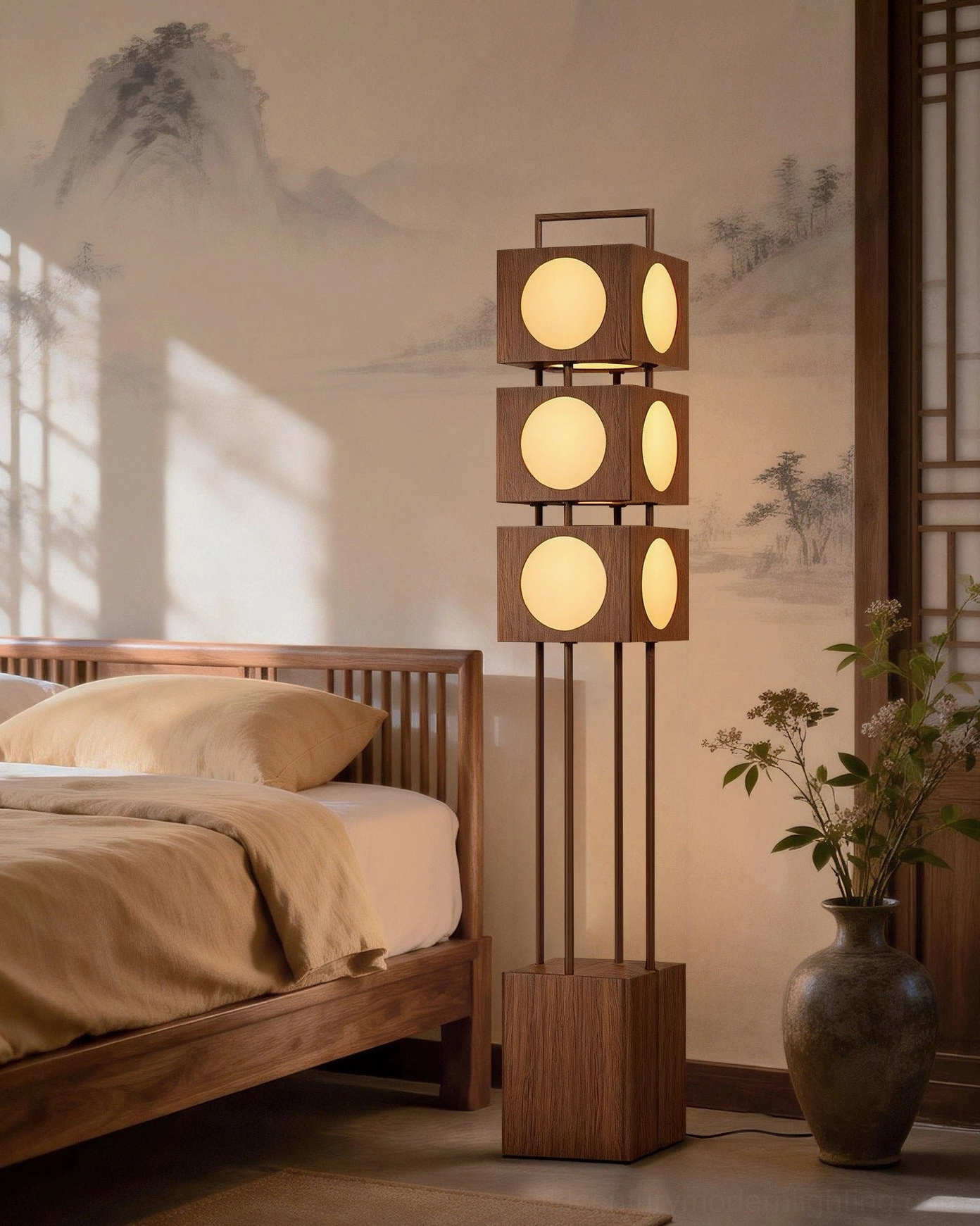 Kano Totem Floor Lamp illuminated in Chinese-style bedroom, warm glow beside wooden bed and ceramic vase, landscape wall art