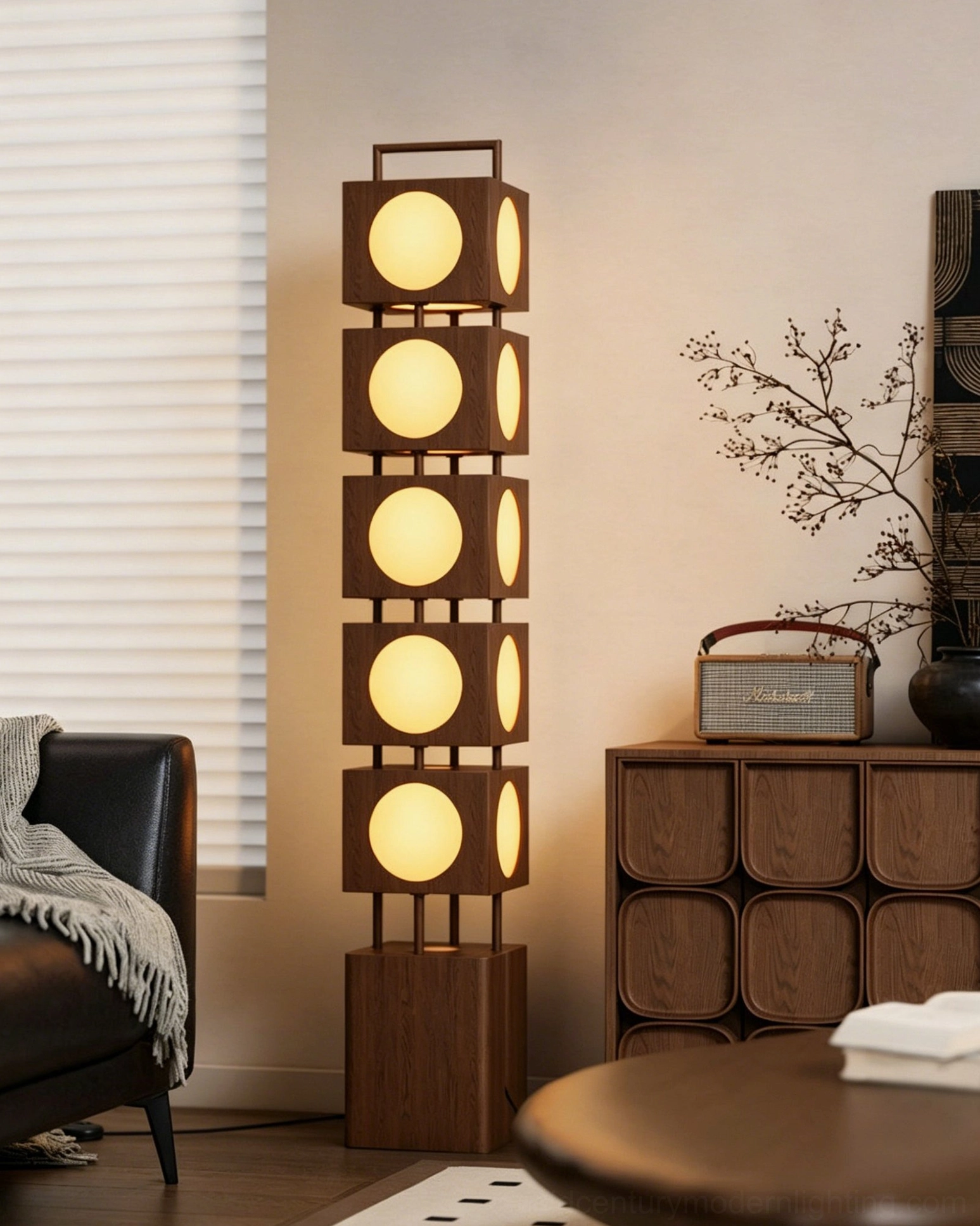 Kano Totem Floor Lamp side view in retro vintage living room with leather sofa, warm ambient lighting, oriental home decor