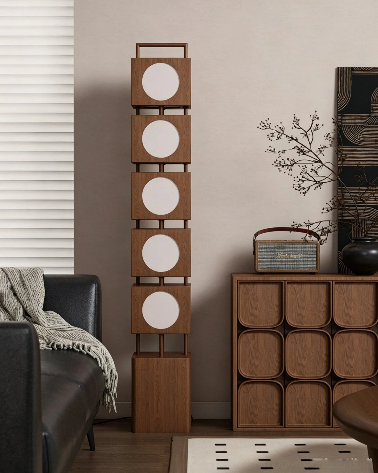 Kano Totem Floor Lamp unlit side profile showing stacked wood cube structure and opaque round lamp panels with window blinds
