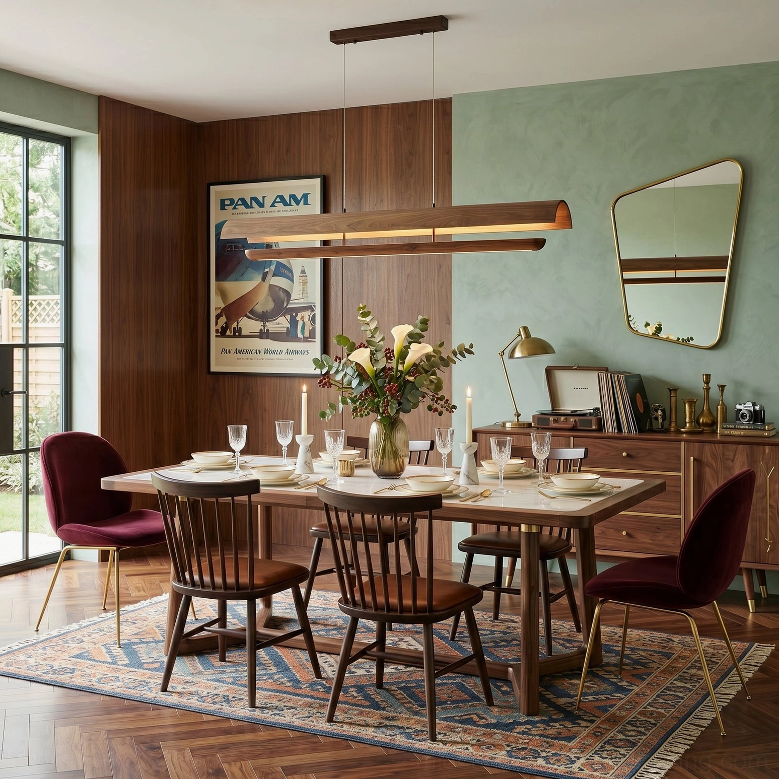 Kanoe linear pendant chandelier in mid-century modern dining room with vintage furnishings and warm wood tones