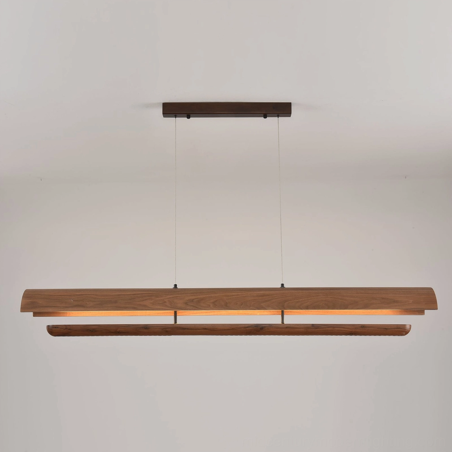 Kanoe linear wooden pendant light close-up of matte black ceiling mount and dual-layer wood canopy structure