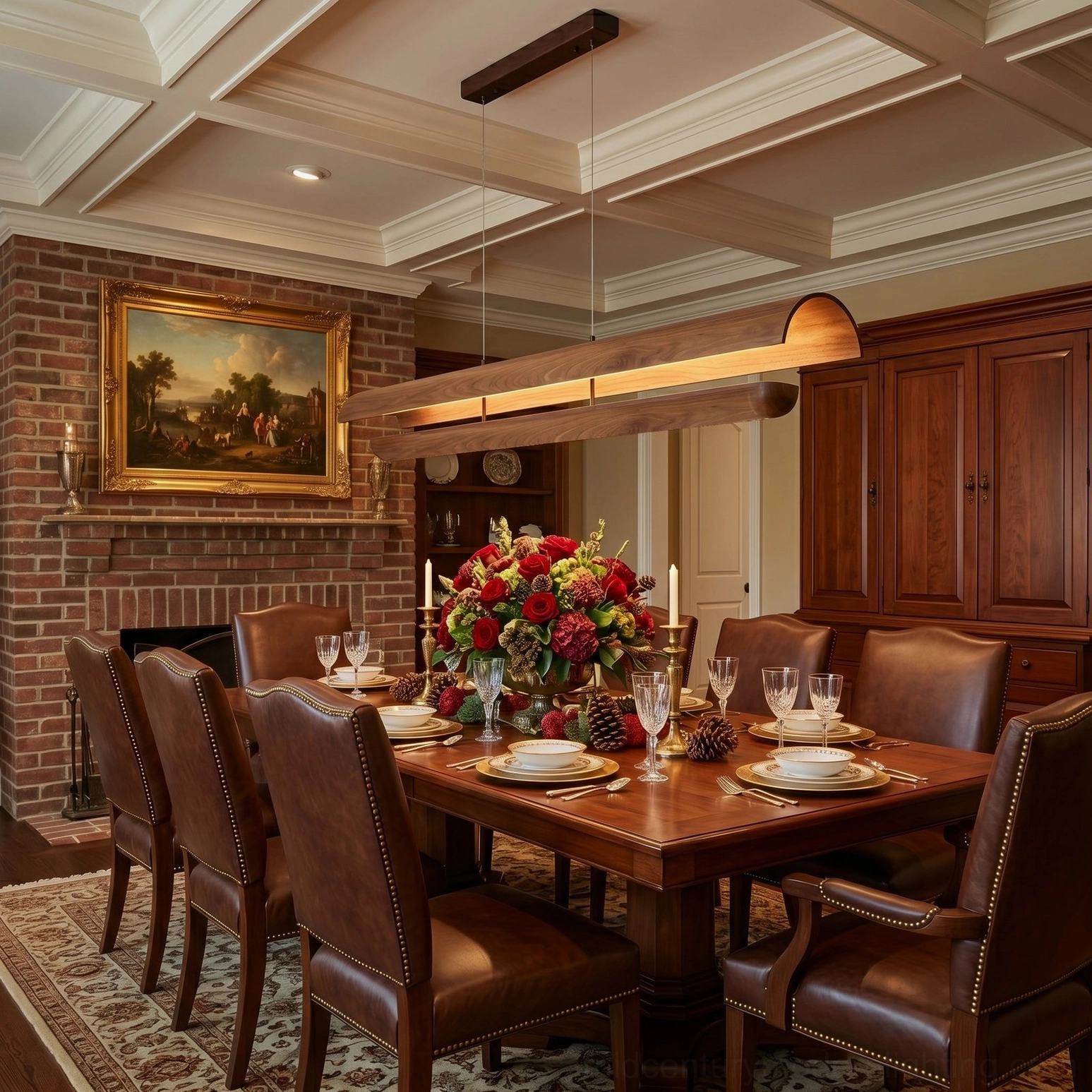 Kanoe linear pendant light installed above dining table in luxury traditional dining room with dark wood furniture