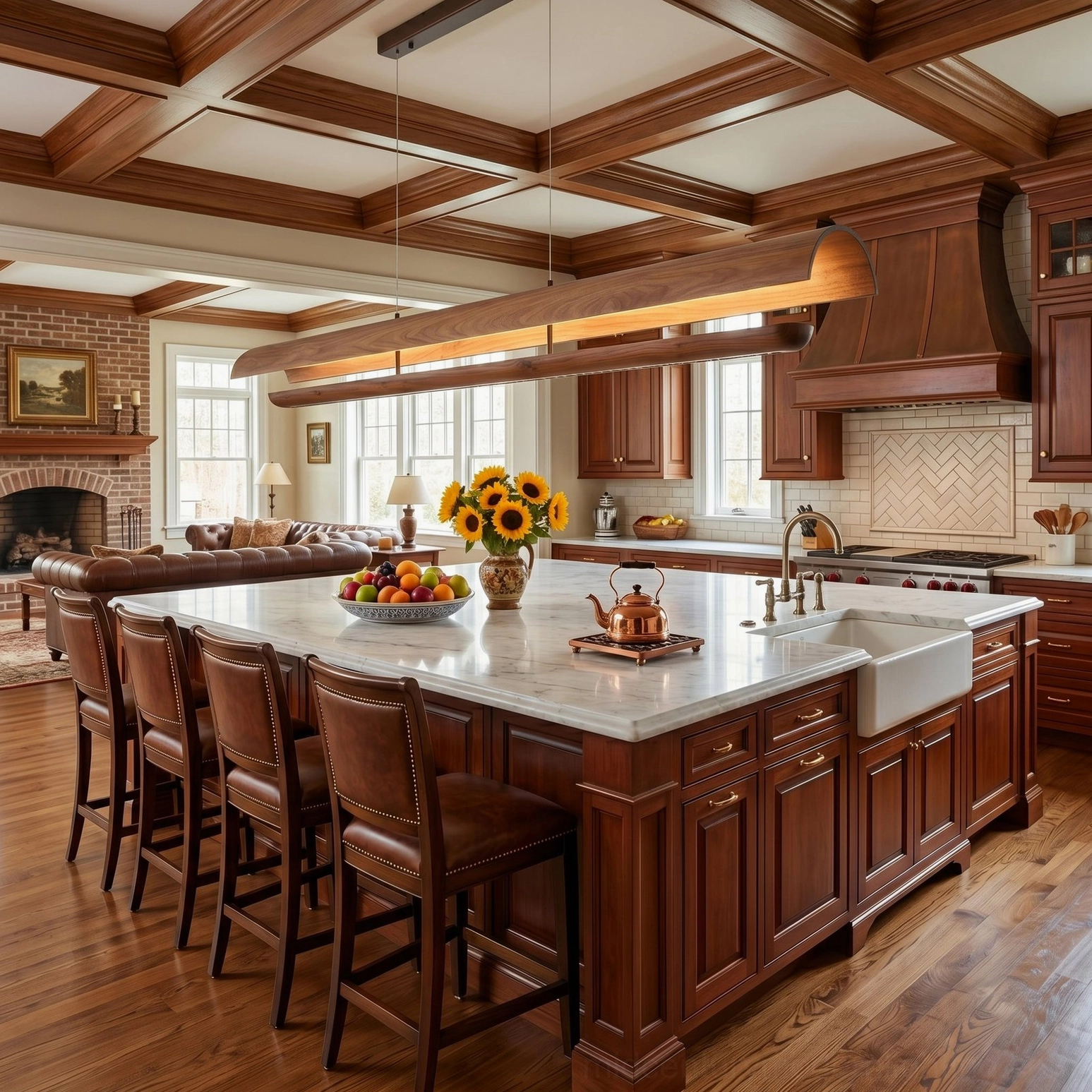 Kanoe linear pendant fixture in open kitchen and dining area coordinating with dark wood cabinetry
