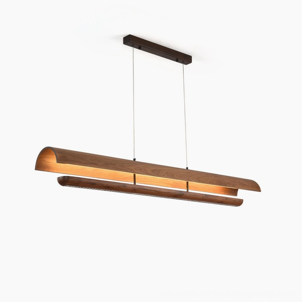 Kanoe linear pendant chandelier side view showcasing dual-layer nested walnut wood canopy structure with integrated LED