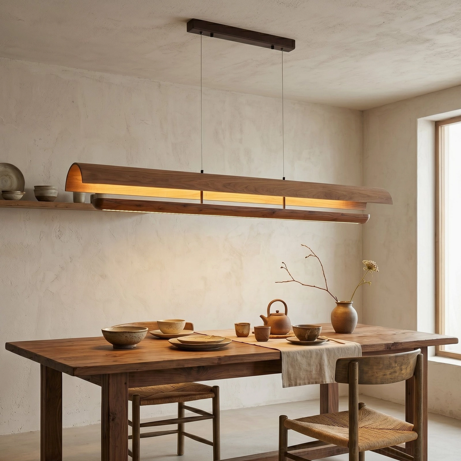 Kanoe linear wood pendant chandelier front view over dining table in minimalist rustic interior with warm ambient lighting