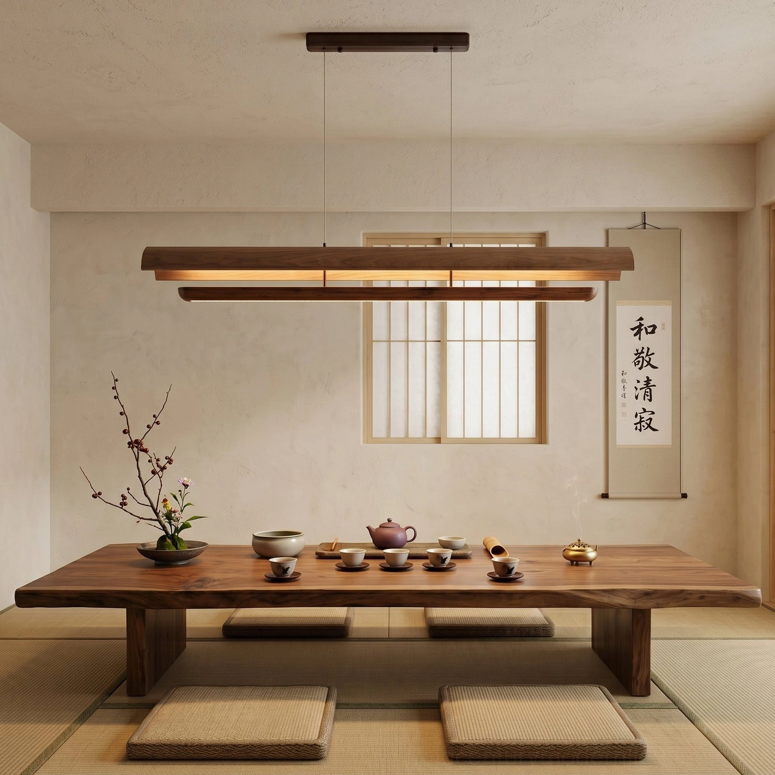 Kanoe linear wooden pendant light in Japanese-style tea room with matching wooden tea table