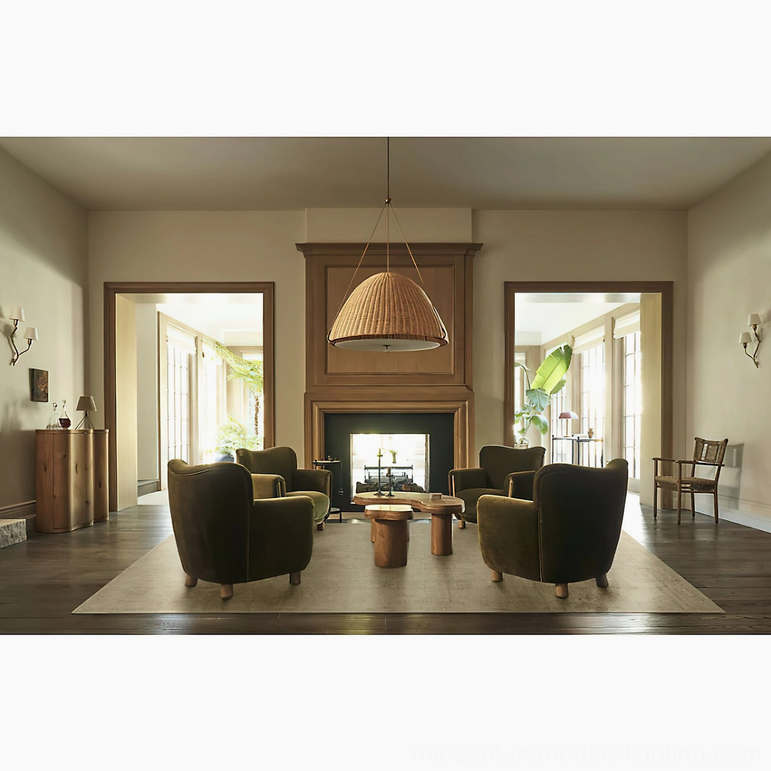 Kash woven rattan pendant light creating ambient glow in cozy living room with fireplace