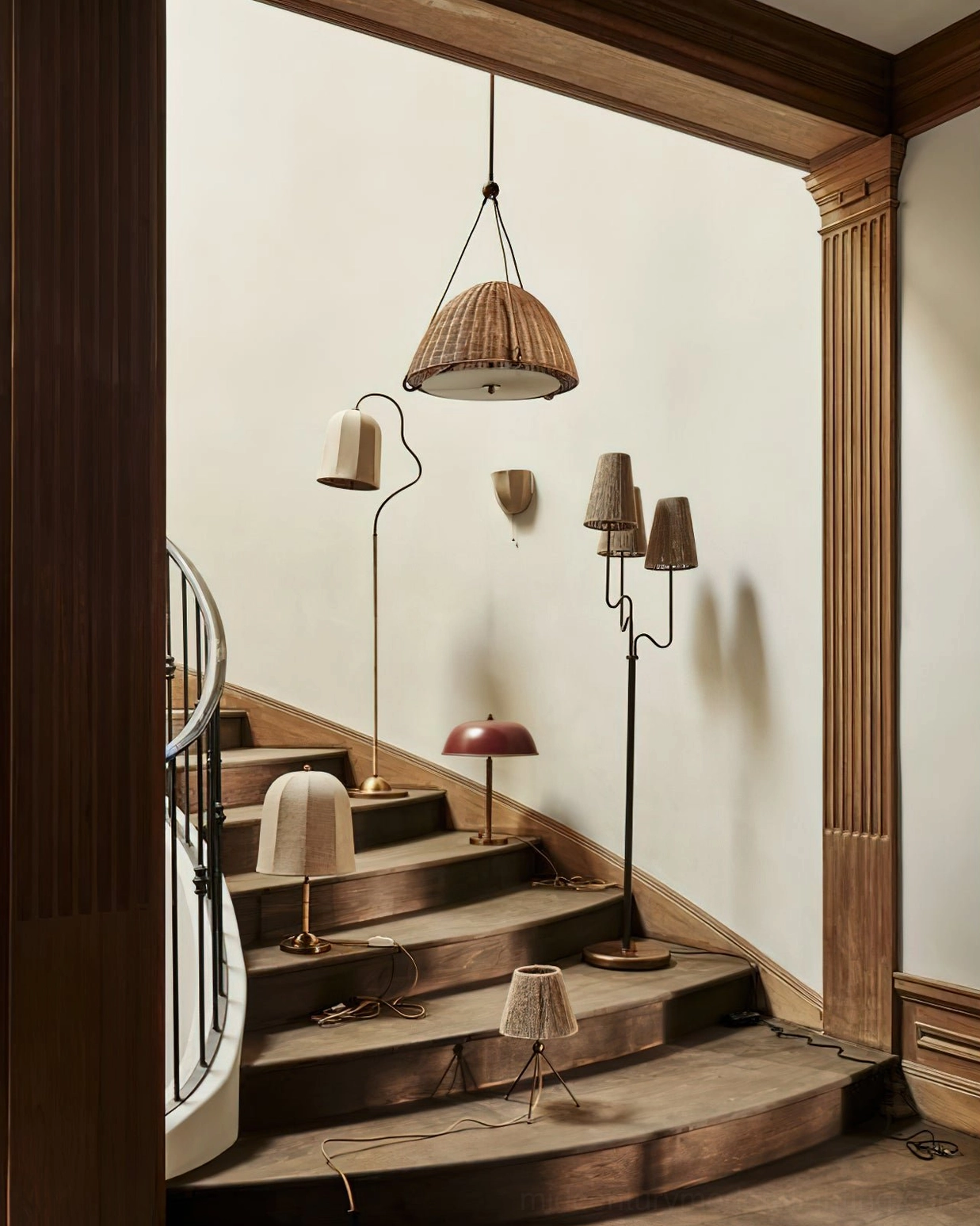 Kash natural rattan pendant fixture suspended in boho rustic home staircase hallway