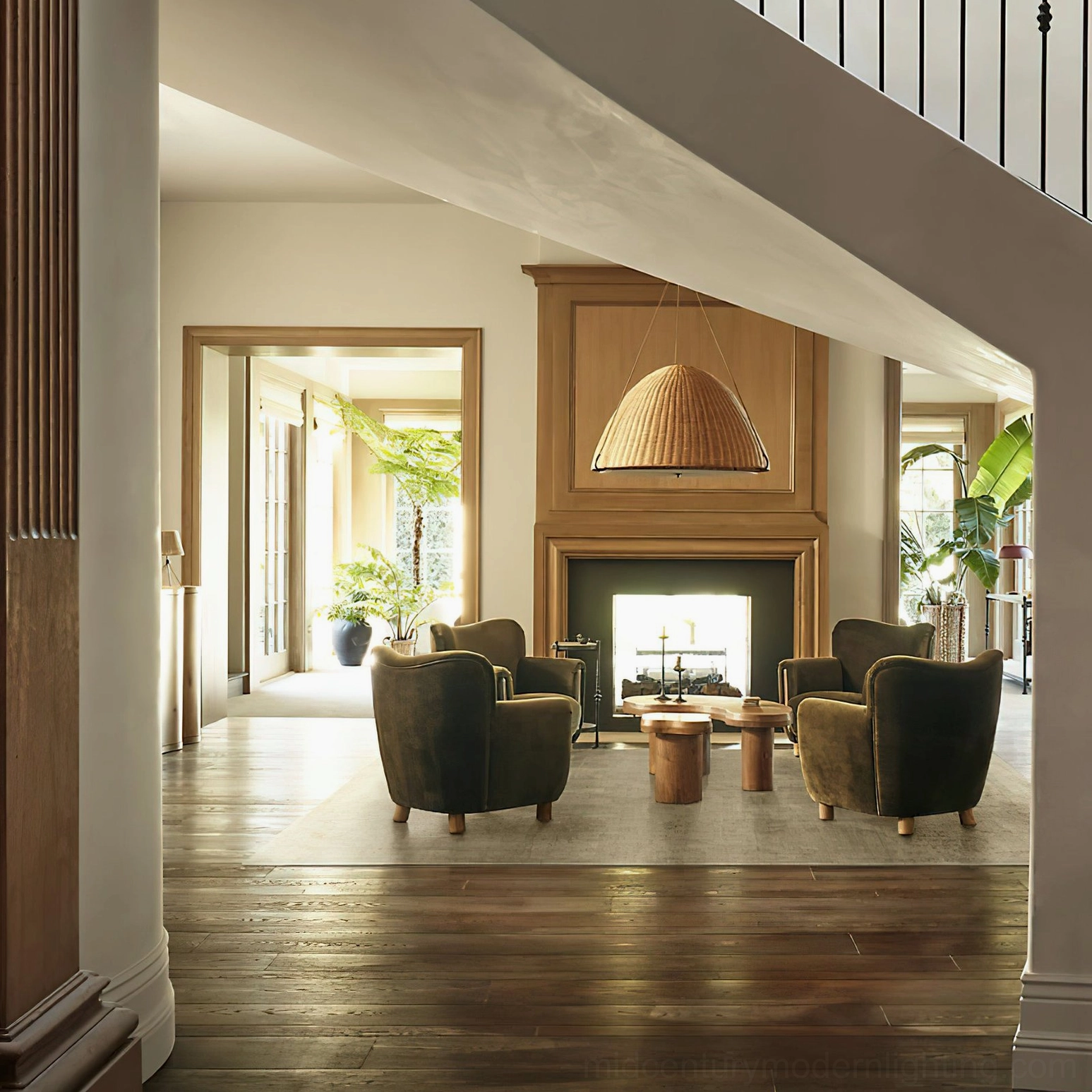 Kash rattan dome pendant fixture illuminating traditional warm wood-toned living room interior