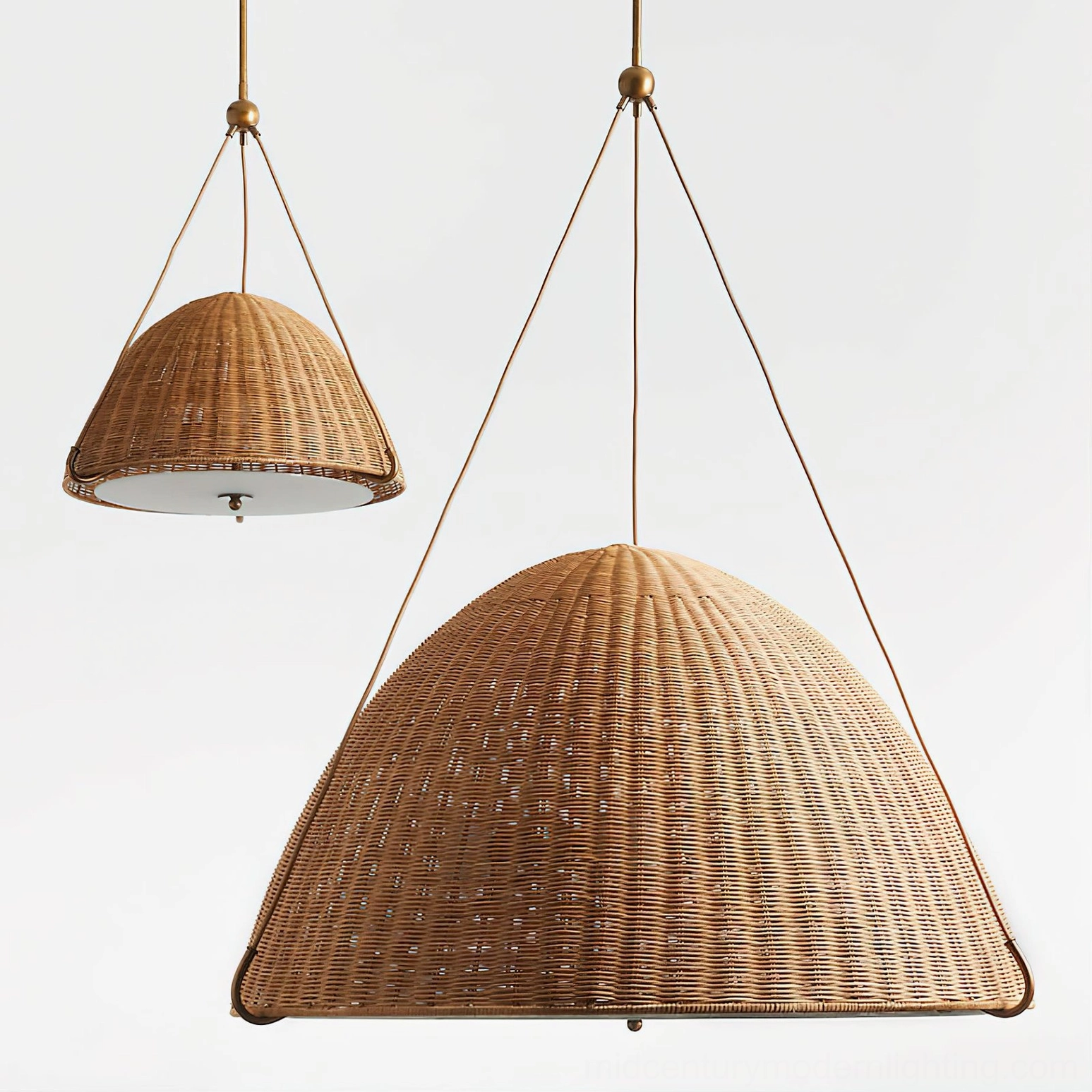 Kash natural rattan pendant dome light fixture showing craftsmanship and warm gold metal frame