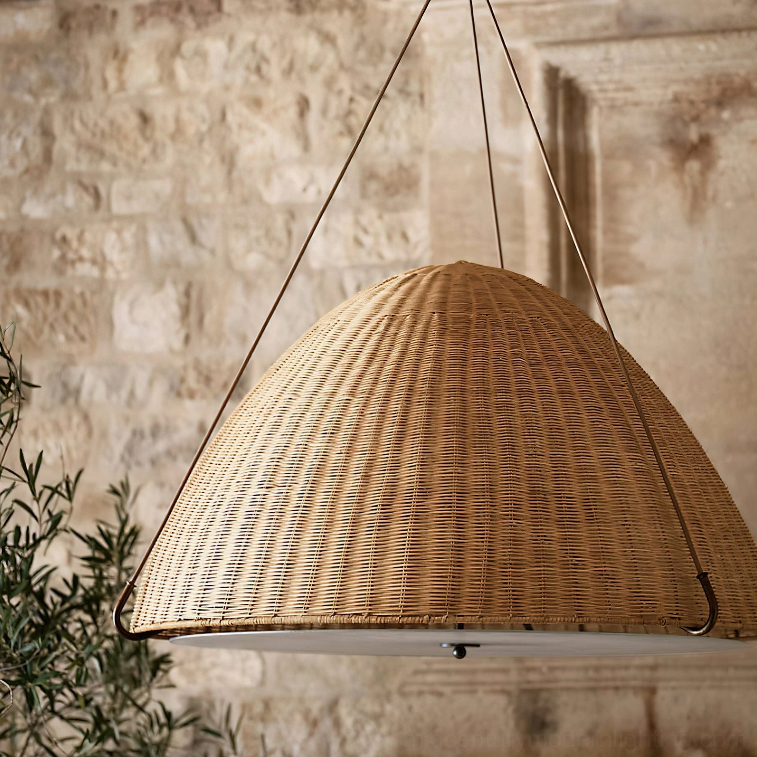 Close-up detail of Kash handwoven rattan texture and gold metal suspension rope