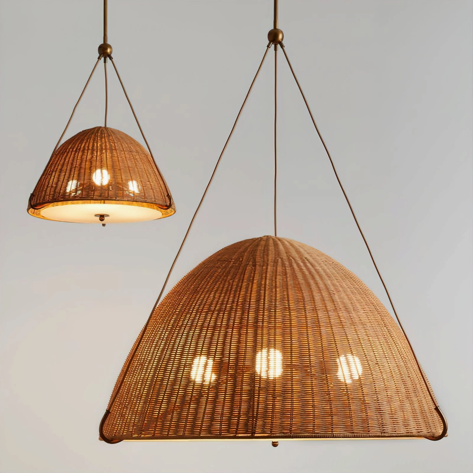Two matching sizes of Kash natural rattan dome pendant lights side-by-side comparison