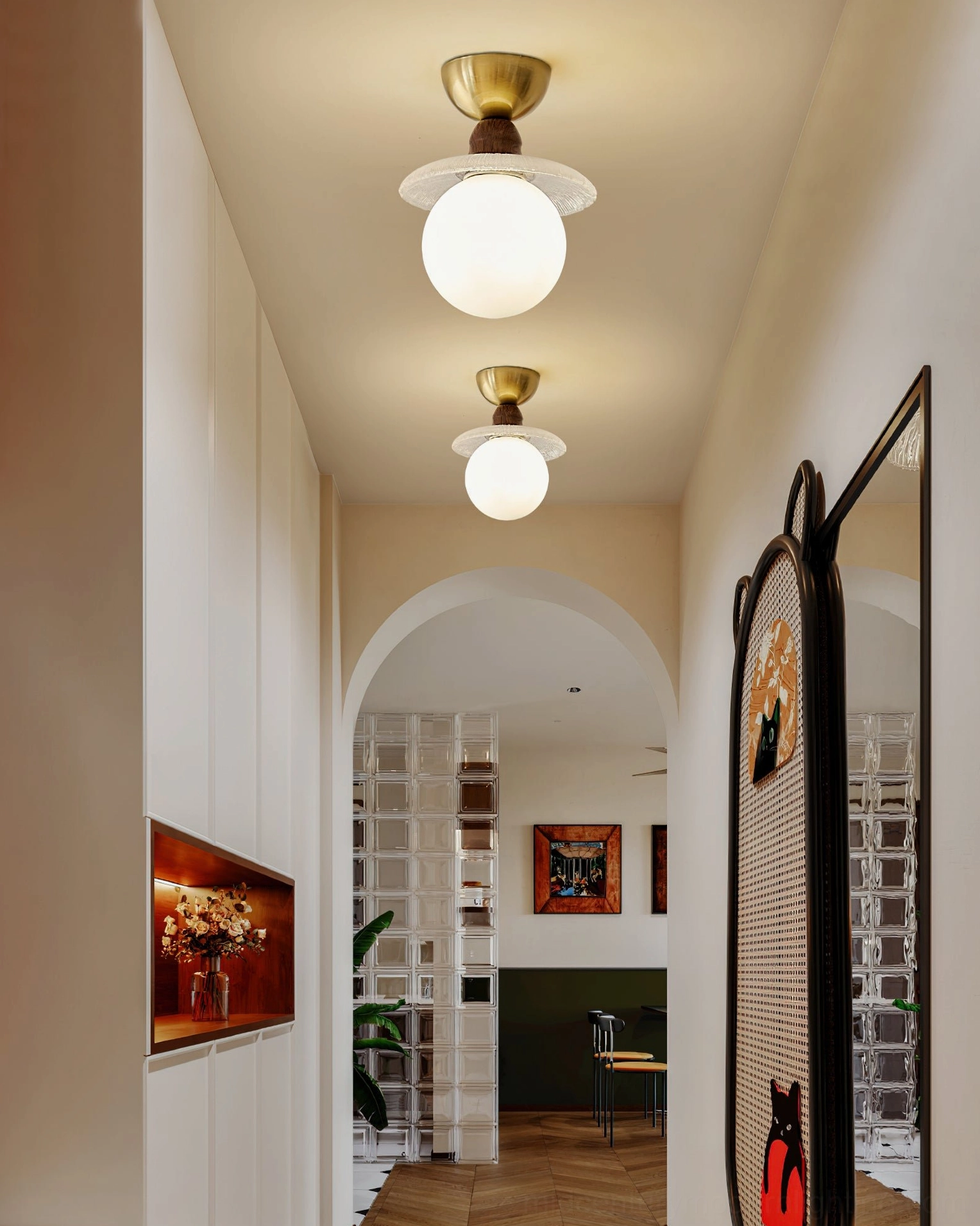 Dual Kaydan white flush mount ceiling lamps residential hallway corridor minimalist vintage style