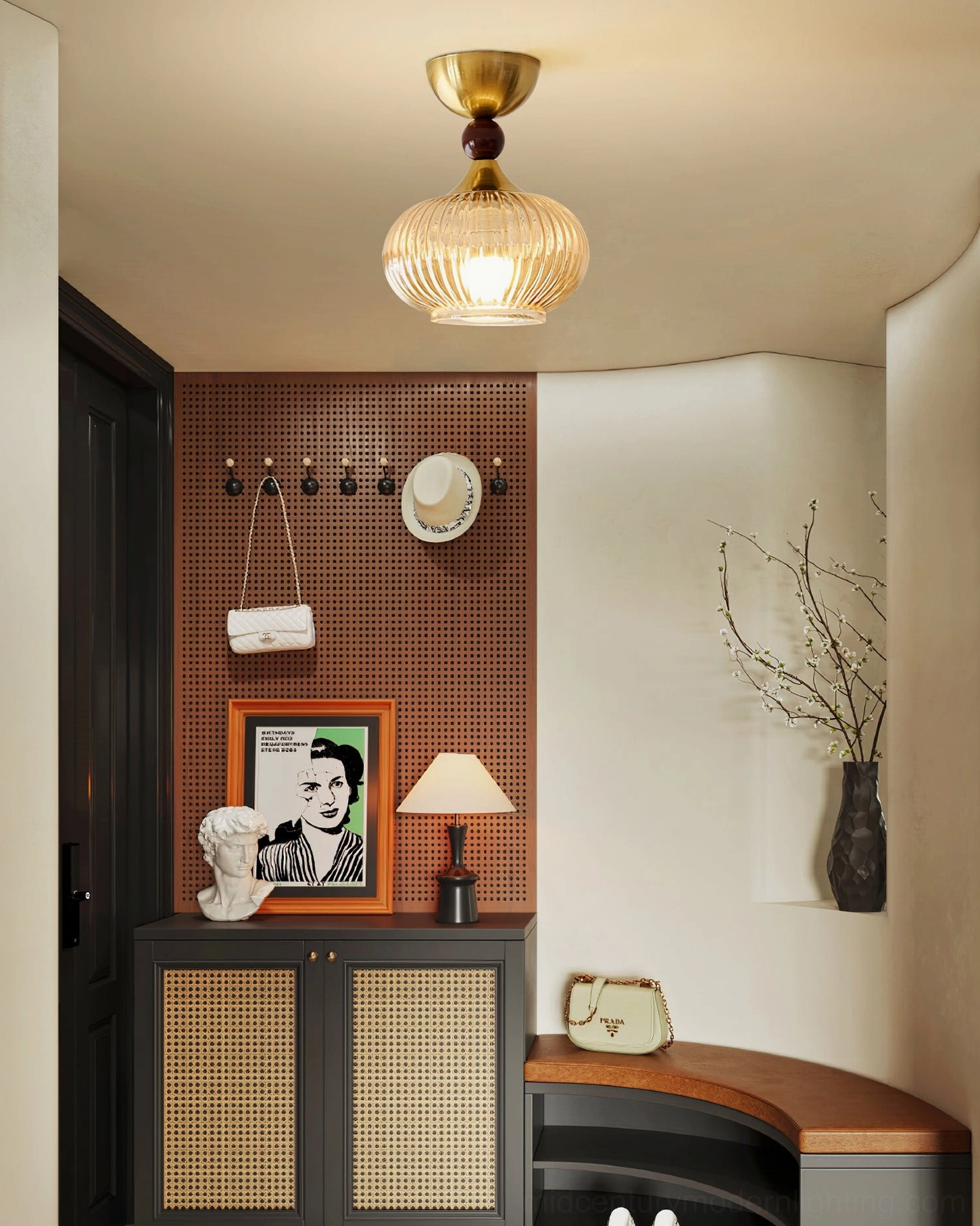 Single Kaydan ribbed glass flush mount lamp vintage entryway brass wood mid-century modern
