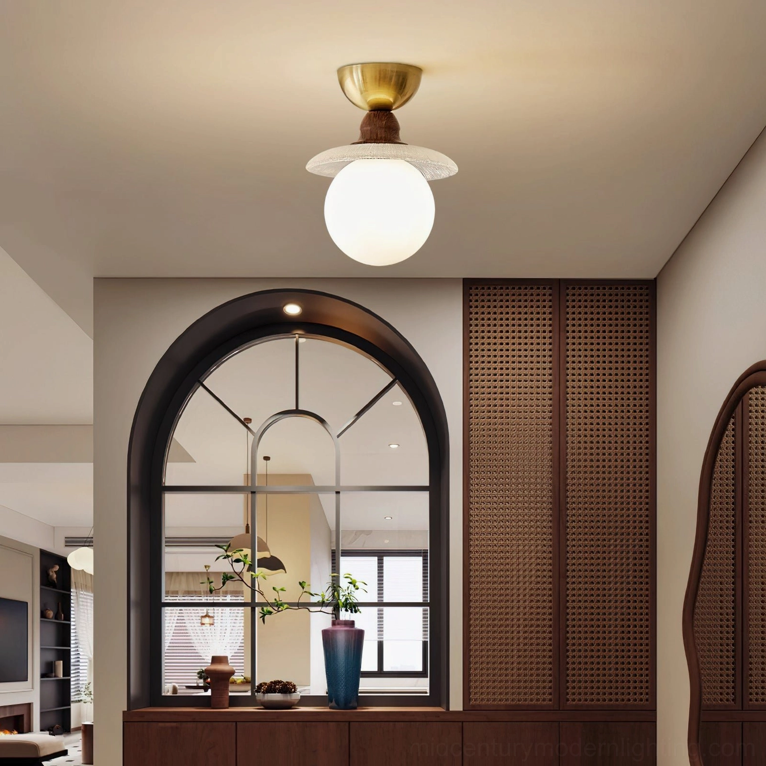 Kaydan white globe flush mount ceiling lamp overhead shot minimalist retro architectural view