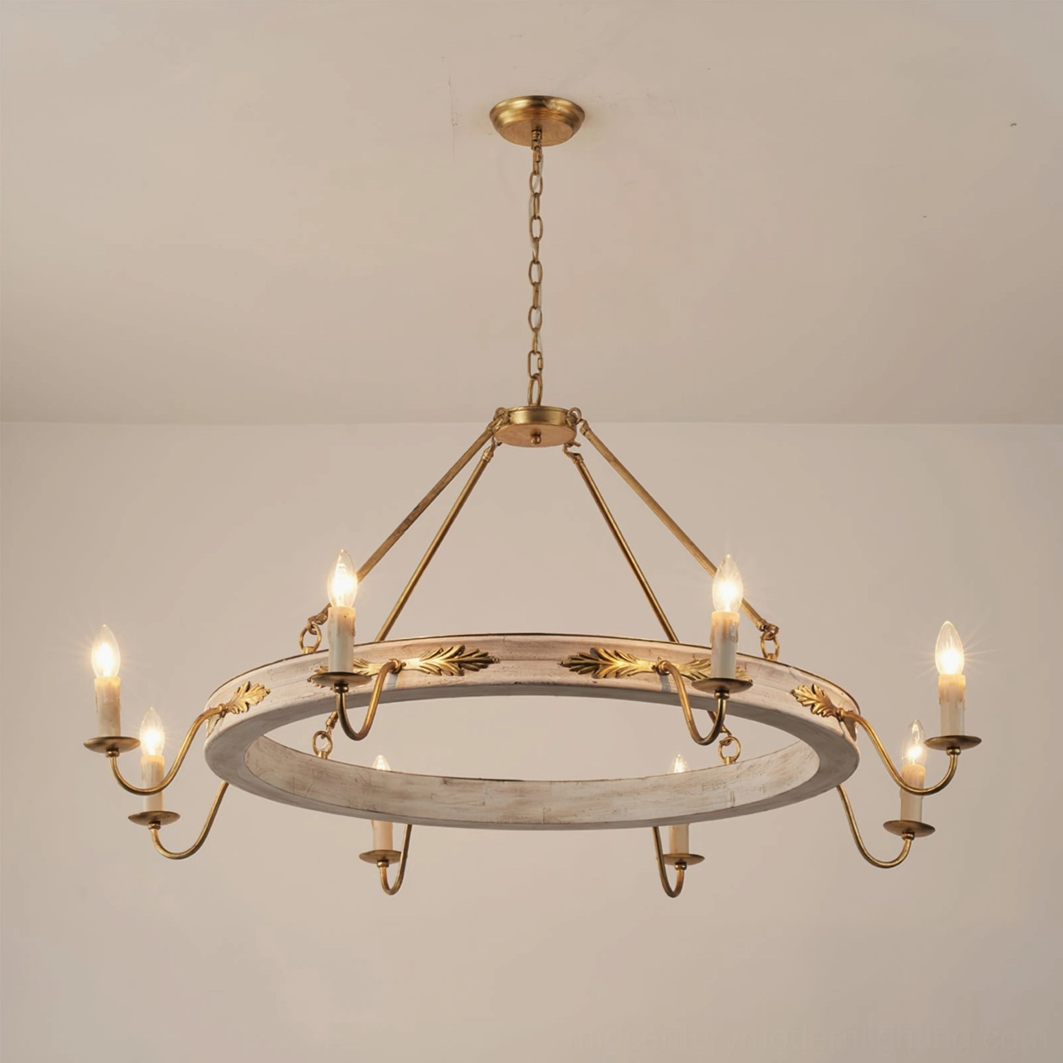Kayleigh farmhouse chandelier architectural detail showing classical European design influences with distressed finishes and refined brass hardware