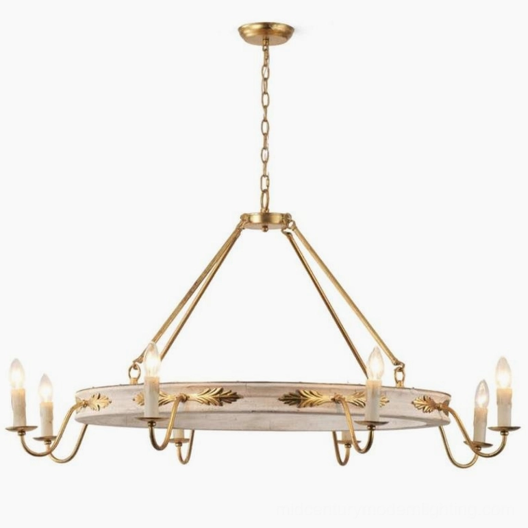 Kayleigh 8-head chandelier in gold and antique white finish, premium farmhouse lighting fixture with carved acanthus leaf ornaments and brass arms