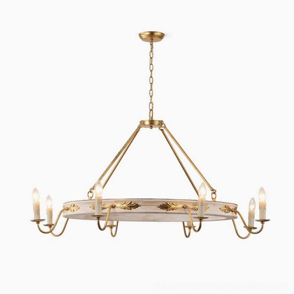 Kayleigh 8-head farmhouse chandelier with distressed white and gold finish, overhead studio view showing circular wooden frame and brass arms with candle-style bulbs