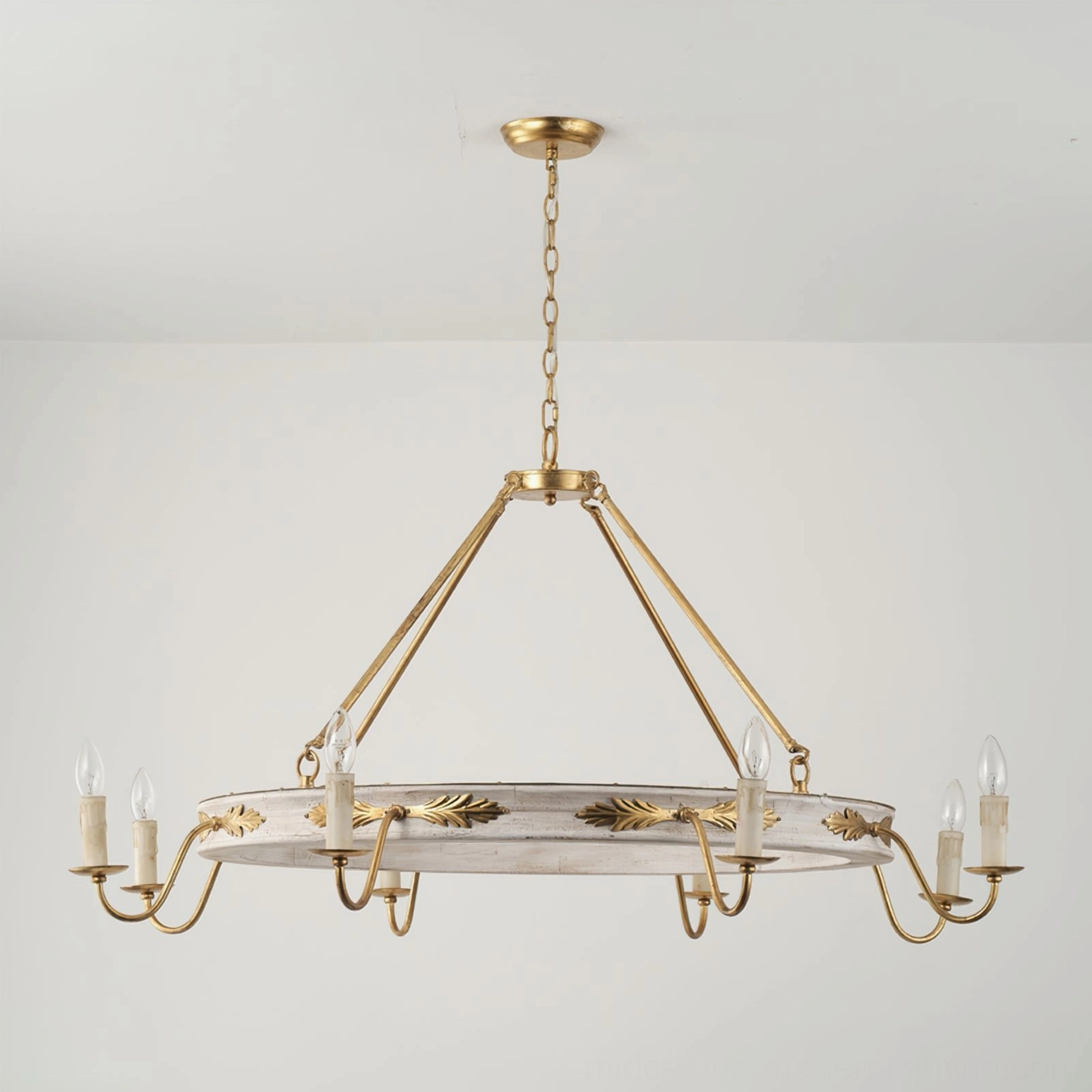 Kayleigh 8-head circular farmhouse chandelier with candle-style bulbs and gold accents, full frontal overhead view on white studio background