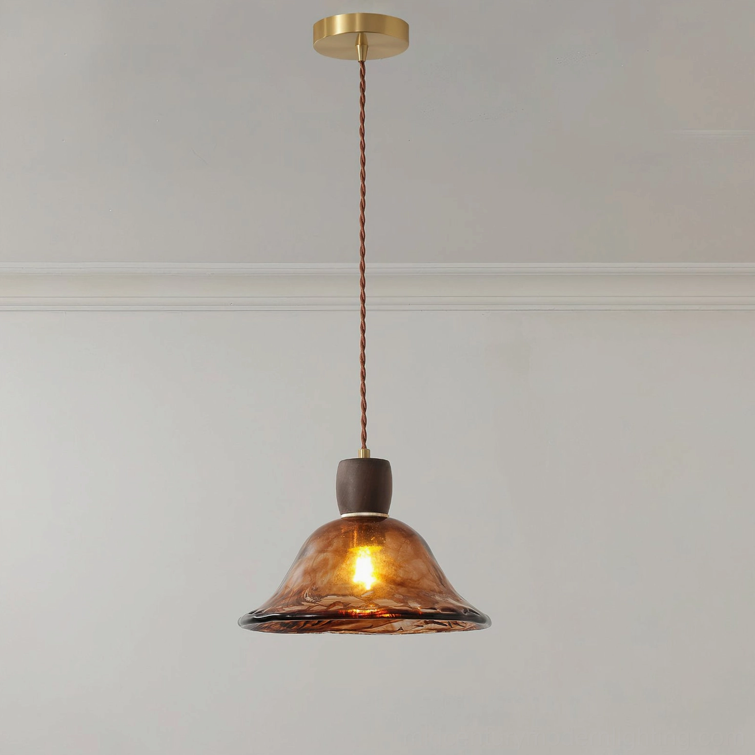 Keju dome-shaped amber glass pendant with rounded rippled texture, classic vintage mid-century modern style