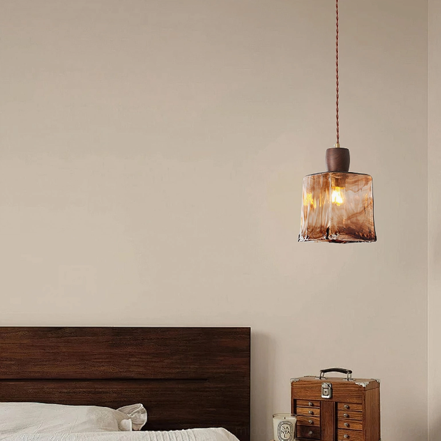 Keju square rippled amber glass pendant light with walnut wood connector in contemporary bedroom setting