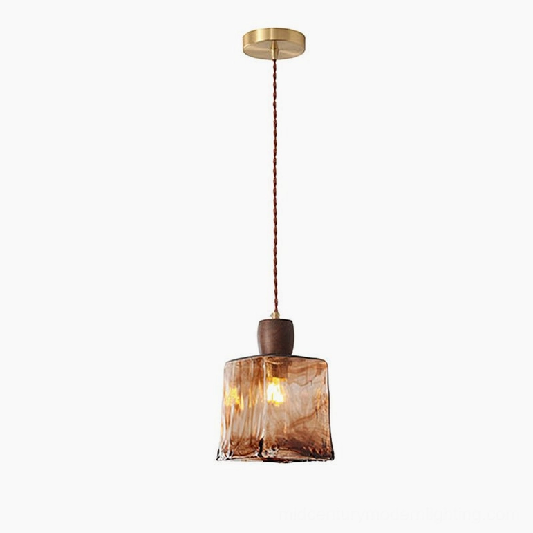 Keju Model B amber glass pendant light 5.1 inches diameter with warm walnut wood accent
