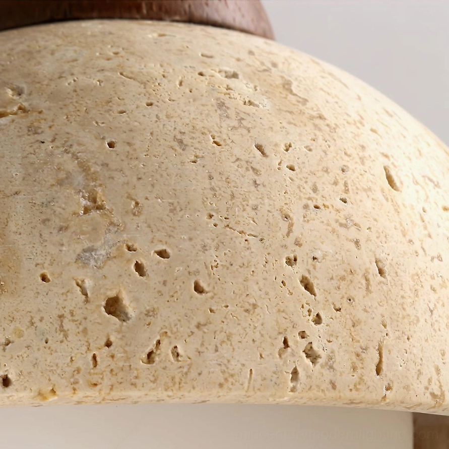 Kell travertine lampshade close-up, natural porous stone surface texture in warm beige finish