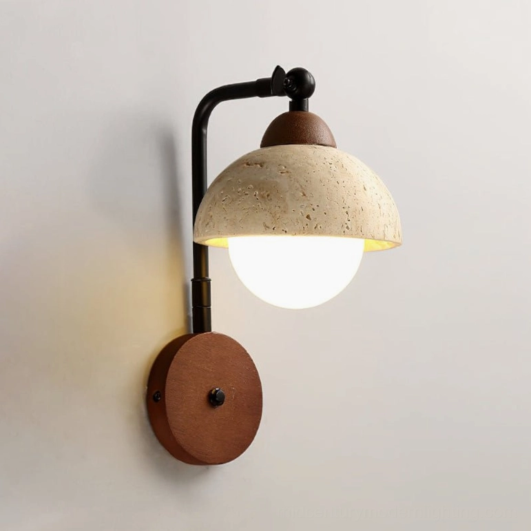 Kell travertine wall sconce product shot, beige natural stone shade with walnut and black metal construction
