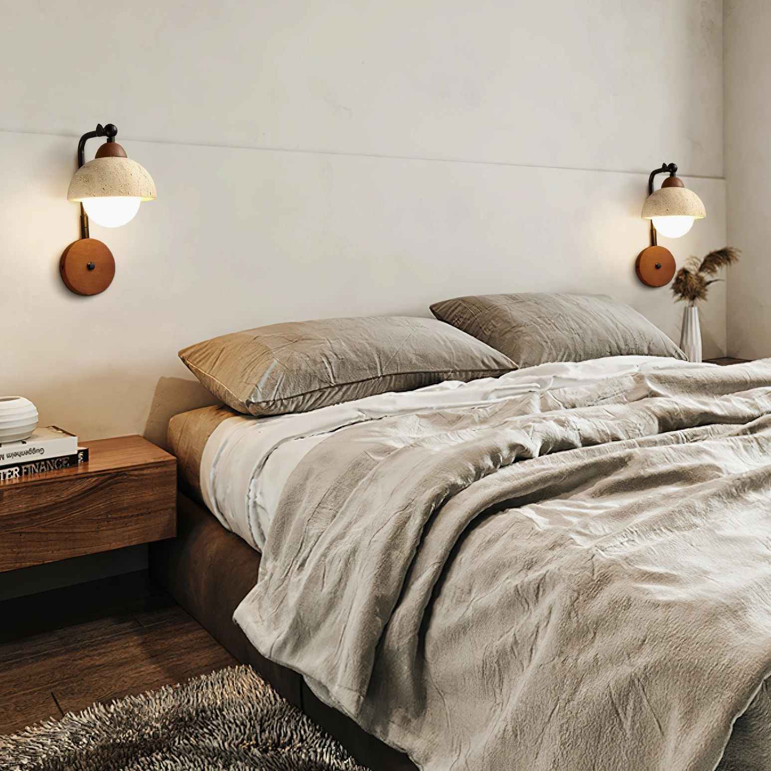 Pair of Kell travertine wall sconces flanking bed in master bedroom, wabi-sabi bedroom decor styling