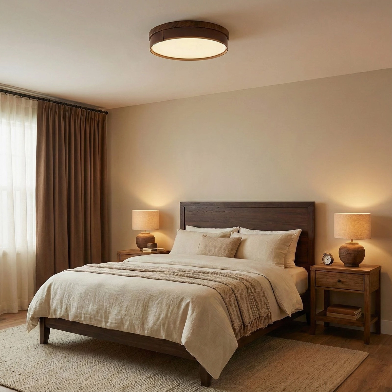 Kelsey flush mount ceiling light in warm neutral master bedroom, soft warm light creating calming bedroom ambiance