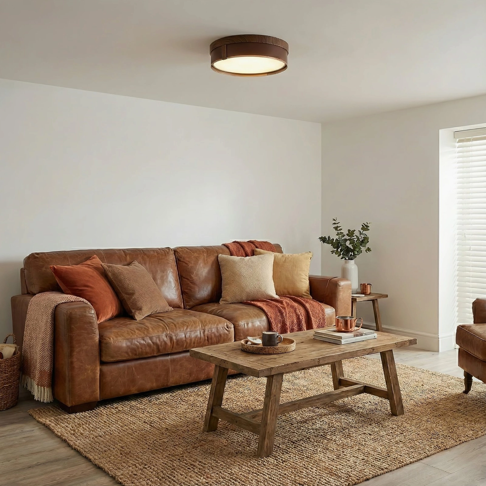Kelsey ceiling light in farmhouse style living room with brown leather sofa and rustic coffee table, warm ambient glow
