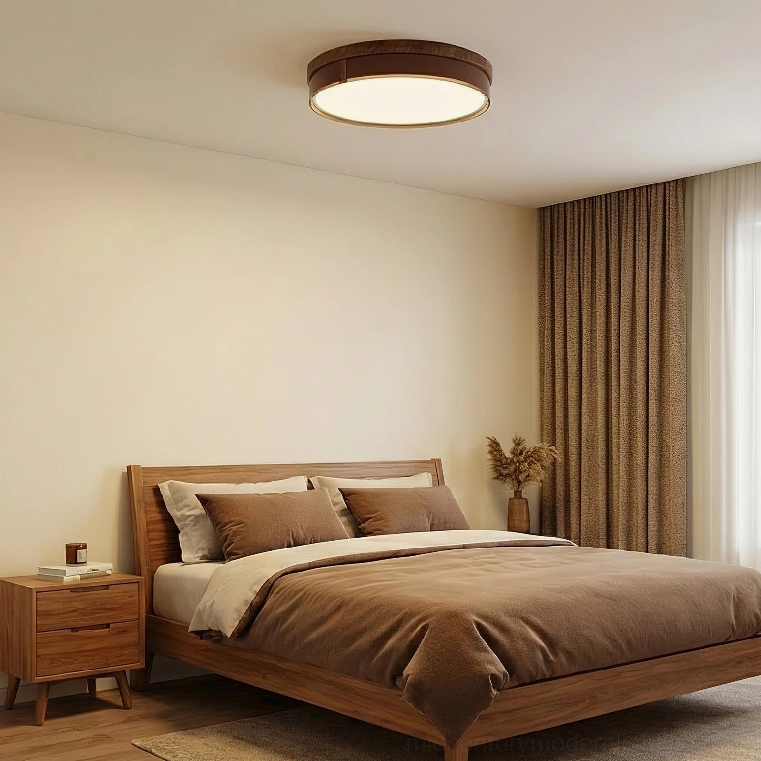 Kelsey ceiling fixture in cozy wooden bedroom with light wood bed and nightstand, integrated LED warm lighting