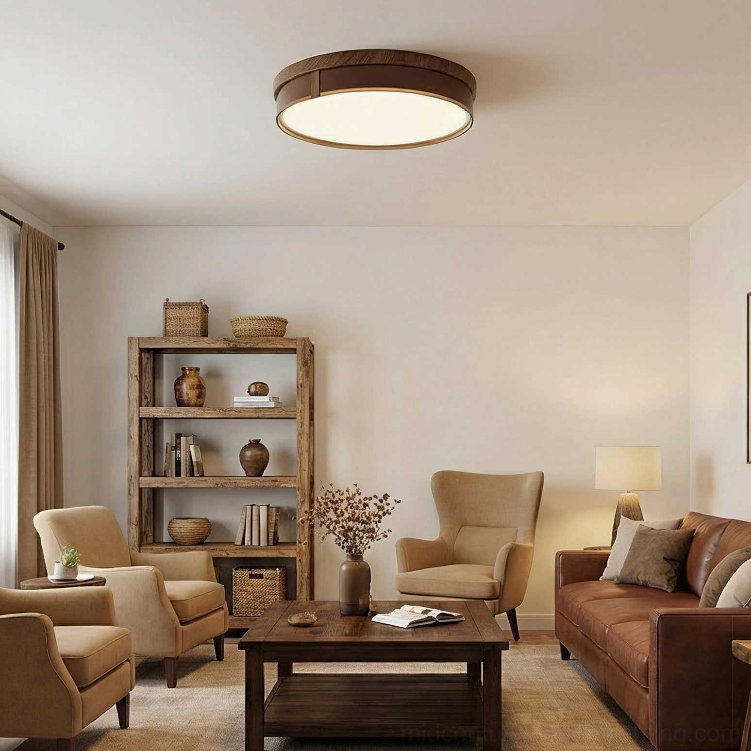 Kelsey round flush mount light in casual sitting lounge with fabric armchairs and wooden shelving, modern minimalist ambiance