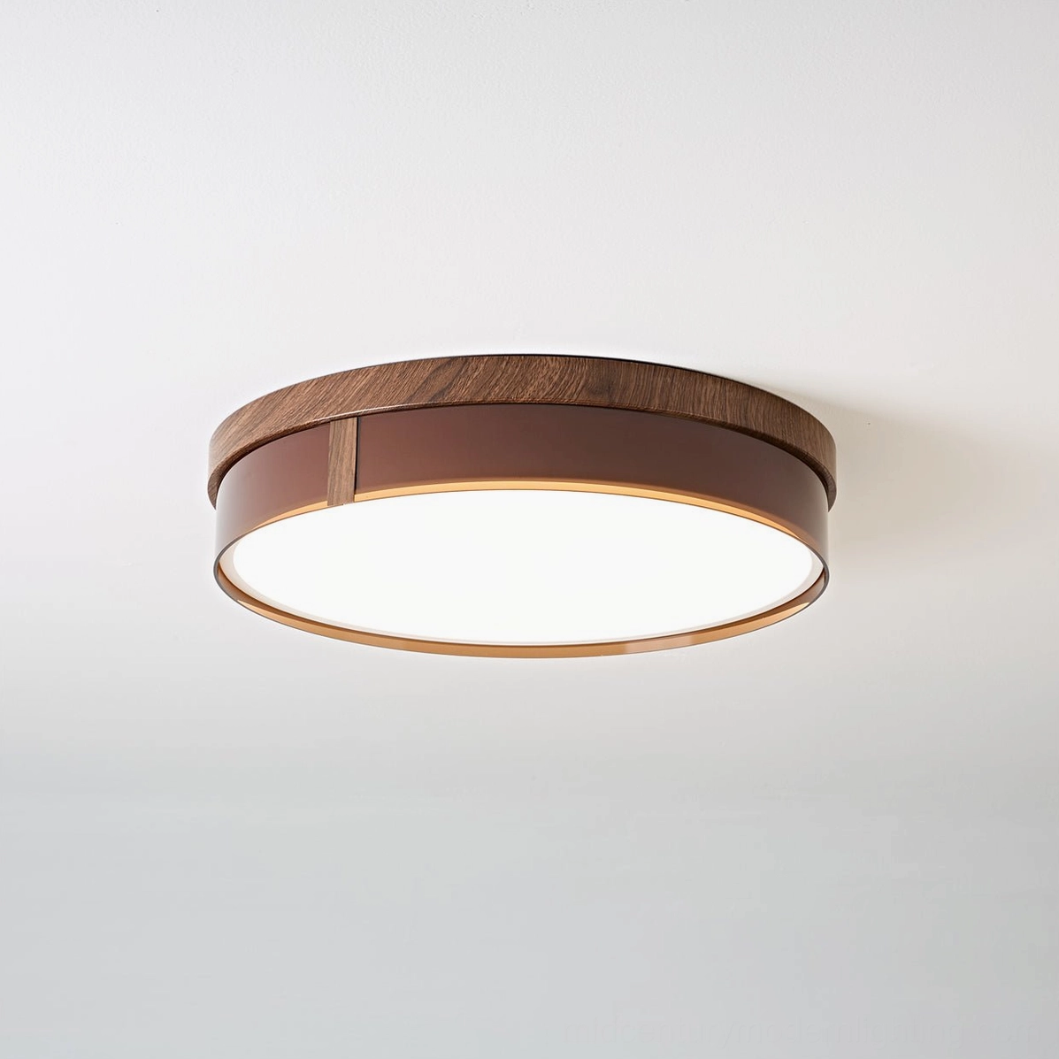 Kelsey ceiling light detail shot showing slim metal accent ring with warm brown walnut wood exterior, mid-century modern trim design