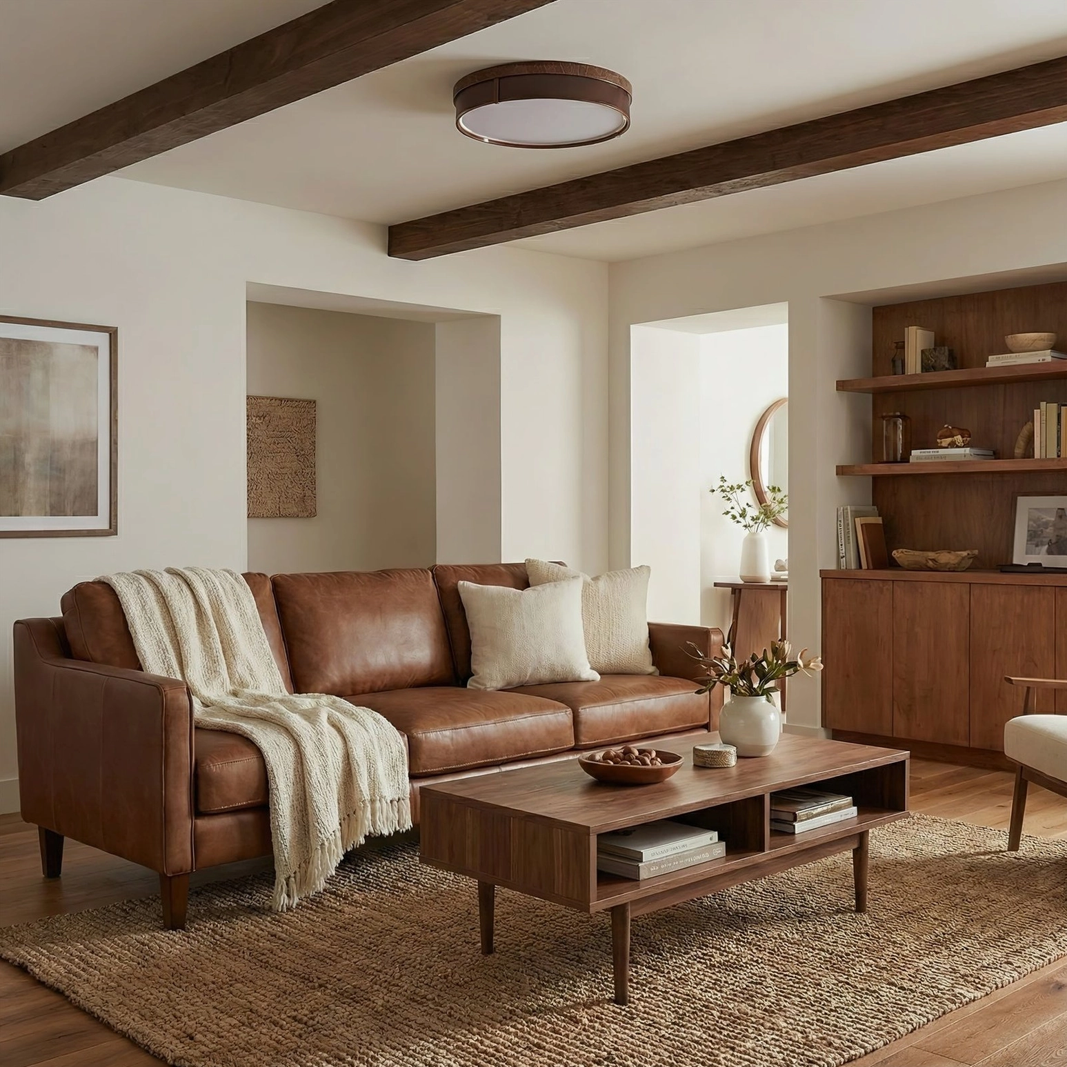 Kelsey ceiling light installed in rustic modern farmhouse living room with leather sofa and exposed ceiling beams, warm ambient lighting