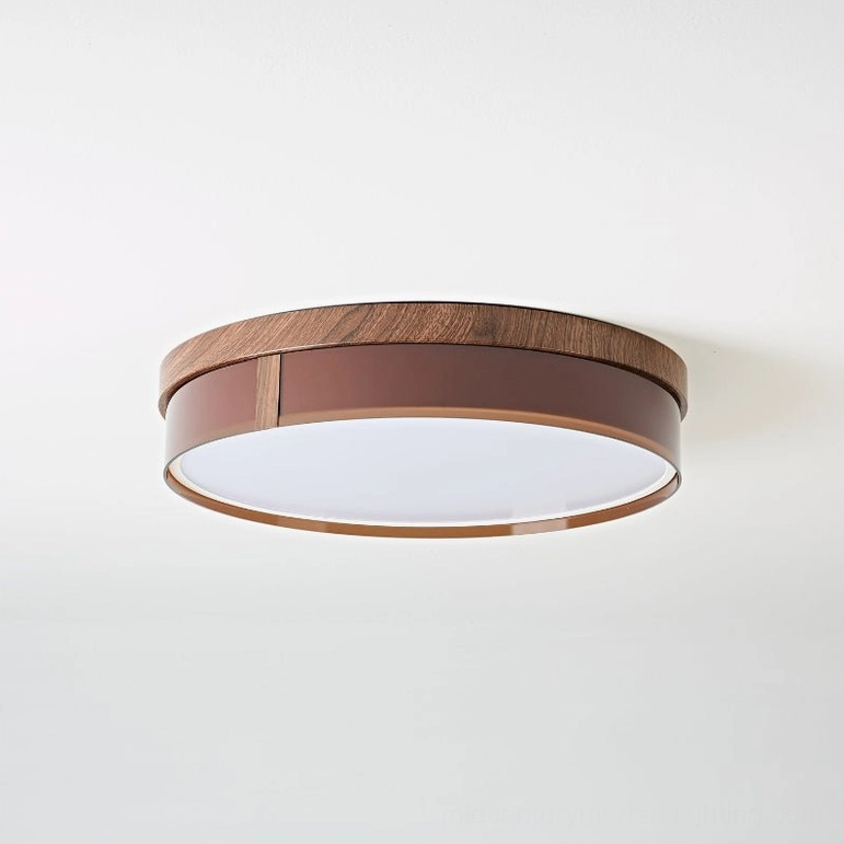 Kelsey round flush mount ceiling light walnut brown finish, complete product view showcasing warm modern aesthetic