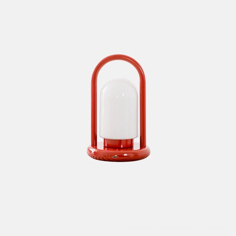 Kero cordless portable table lamp pomegranate red finish, sleek metal frame design with glass shade